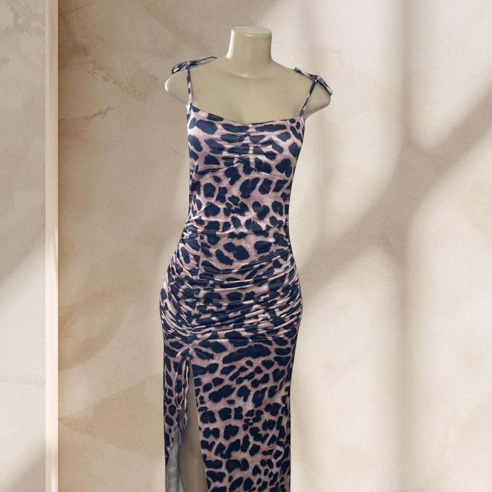 Leopard Print Maxi Dress – Ruched Bodycon Spaghetti Strap Side Slit Sexy Y2K ✧ L